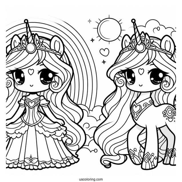 Cute Chibi Princess Celestia Coloring Page With Rainbow In The Background