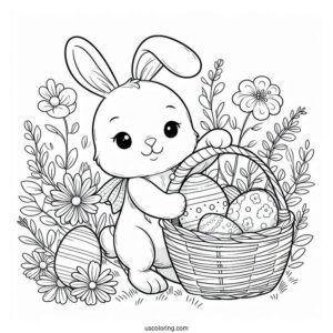 Easter Bunny Coloring Page Carrying Basket With Eggs For Kids