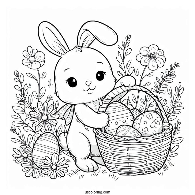 Easter Bunny Coloring Page Carrying Basket With Eggs For Kids