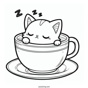 Sleepy Chibi Coloring Page Cat Resting Inside a Teacup For Preschoolers