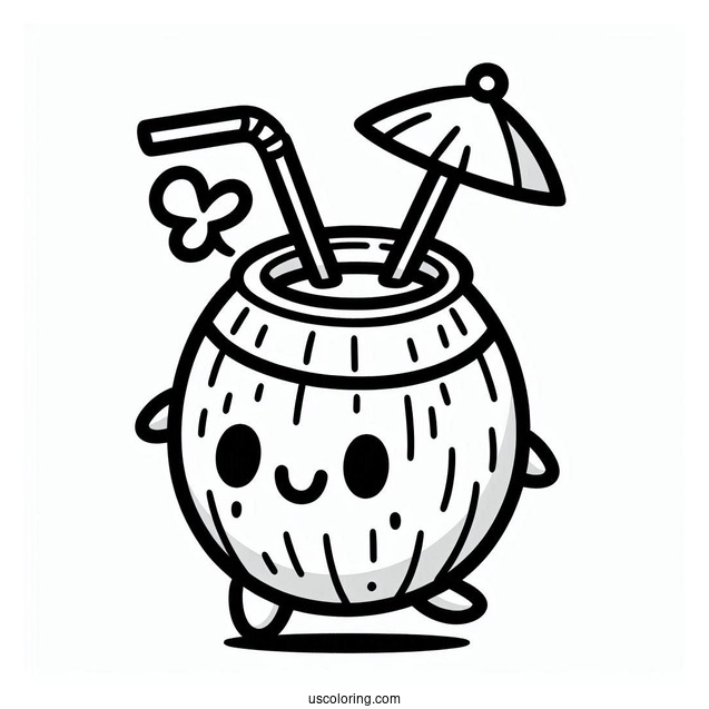 Cartoon Coconut Coloring Page Drink With Straw For Preschoolers
