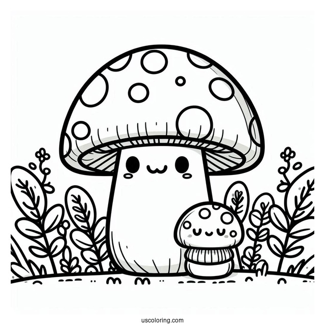 Big And Small Cartoon Mushroom Coloring Page In The Garden For Kids