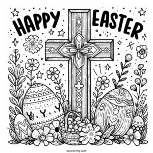 Happy Easter Words With Cross Coloring Page For Kids
