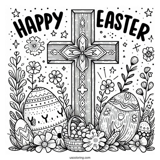 Happy Easter Words With Cross Coloring Page For Kids
