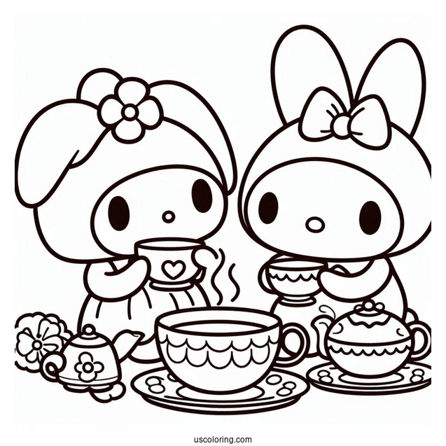 My Melody Coloring Page Having Tea With Flat And Risu