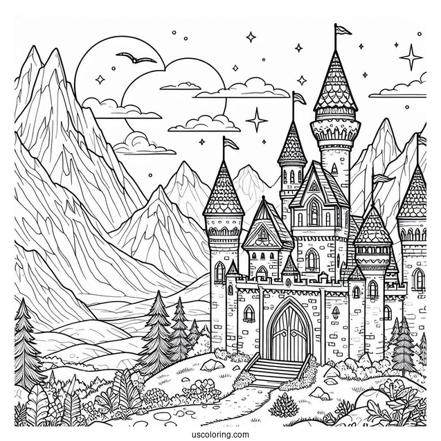 Castle Coloring Page In The Mountains