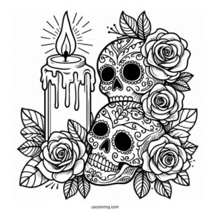 Sugar Skulls Coloring Page With Two Roses And A Lit Candle On Its Head