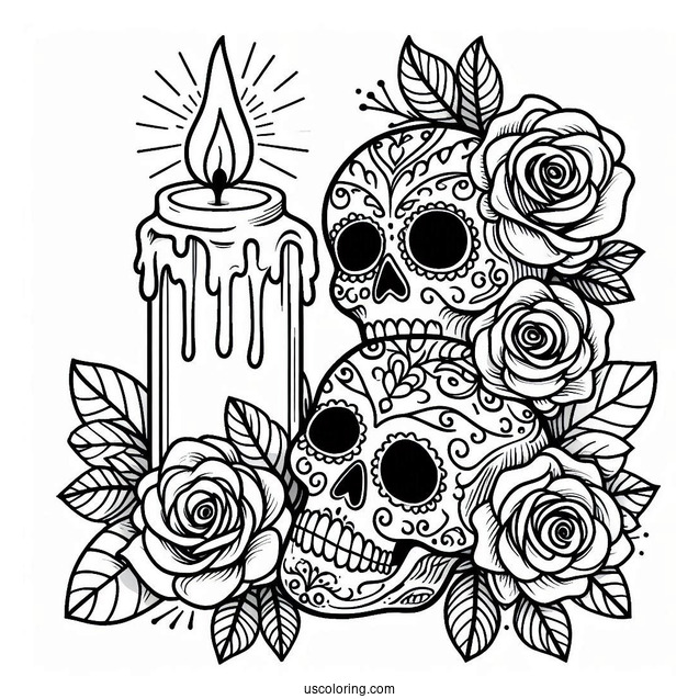 Sugar Skulls Coloring Page With Two Roses And A Lit Candle On Its Head