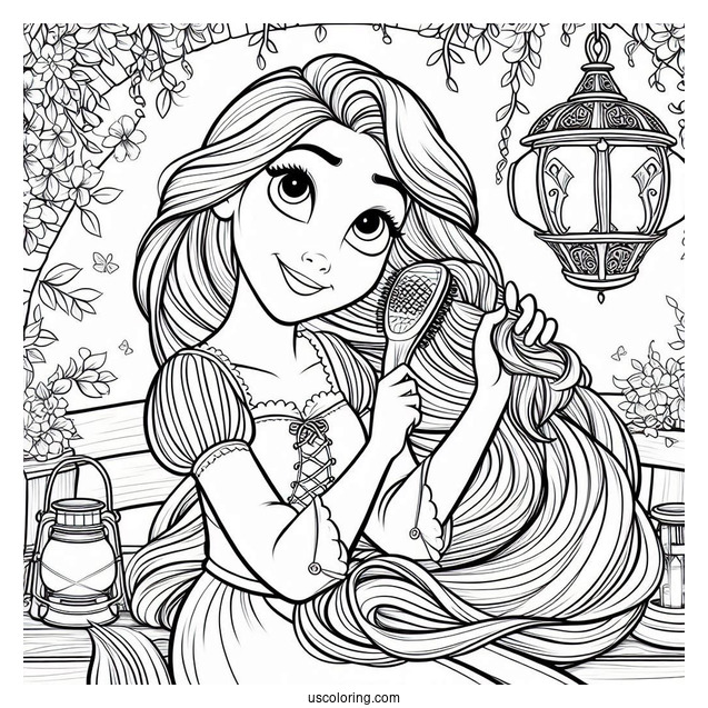 Rapunzel Brushing Hair With Lanterns In The Background