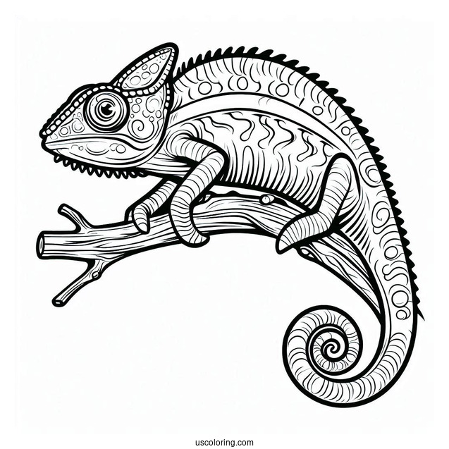 Chameleon Lizard Coloring Page On Edge Of Stick Coloring Sheet