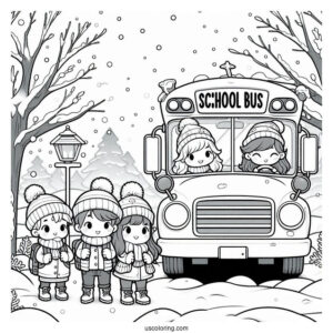 Cute Children Waiting For School Bus Coloring Page In The Snow