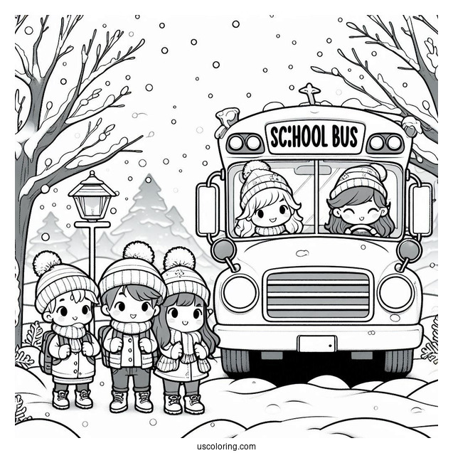 Cute Children Waiting For School Bus Coloring Page In The Snow