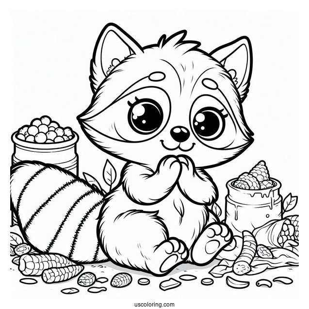 Happy Raccoon Coloring Page With Leftover Food