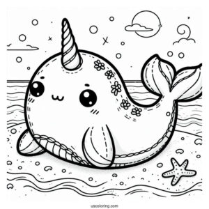 Stitch And A Narwhal Coloring Page Lounging At The Beach