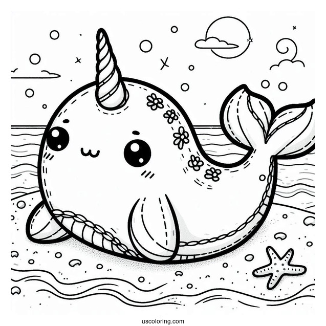 Stitch And A Narwhal Coloring Page Lounging At The Beach
