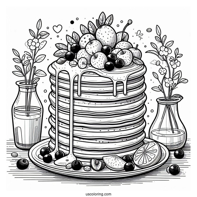 Pancake Coloring Page Towers With Fruits And Syrup