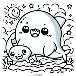 Kawaii Cartoon Shark Play Biting A Sea Lion Coloring Page For Kids