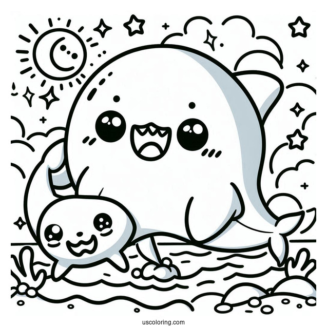 Kawaii Cartoon Shark Play Biting A Sea Lion Coloring Page For Kids