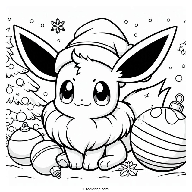 Pokemon Christmas Coloring Page Cute Eevee With Baubles In The Background Pokemon Christmas