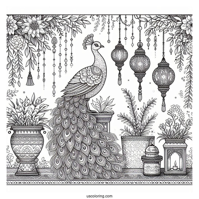 Elegant Peacock Coloring Page Among Hanging Lanterns And Potted Plants
