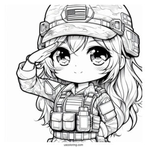 Chibi Female Soldier Coloring Page Saluting In Camouflage Uniform