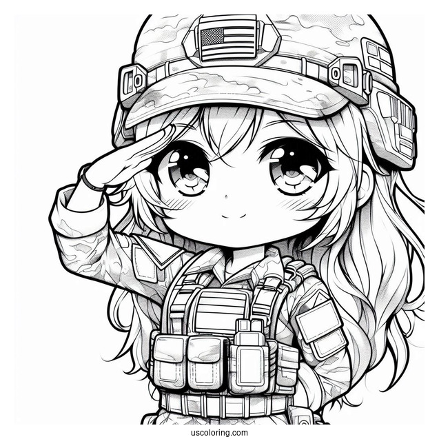 Chibi Female Soldier Coloring Page Saluting In Camouflage Uniform