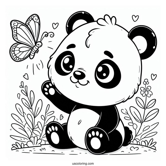 Baby Panda Coloring Page Smiling at a Butterfly