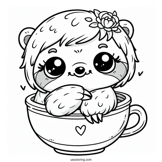 Kawaii Sloth Sitting In Teacup Coloring For Preschoolers