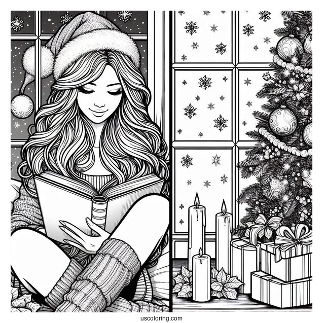Christmas Coloring Pages For Adults Of Woman Reading Book Beside Window On Christmas Day