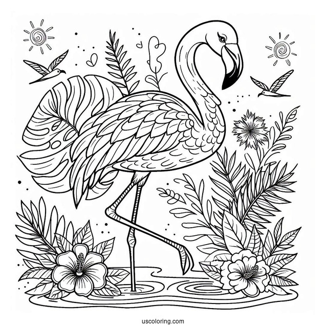 Coloring Page Of a Tropical Themed Flamingo