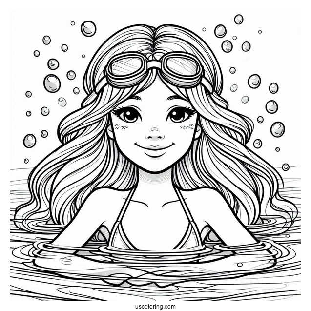 Girl Wearing Goggles Swimming Coloring Page Under Water