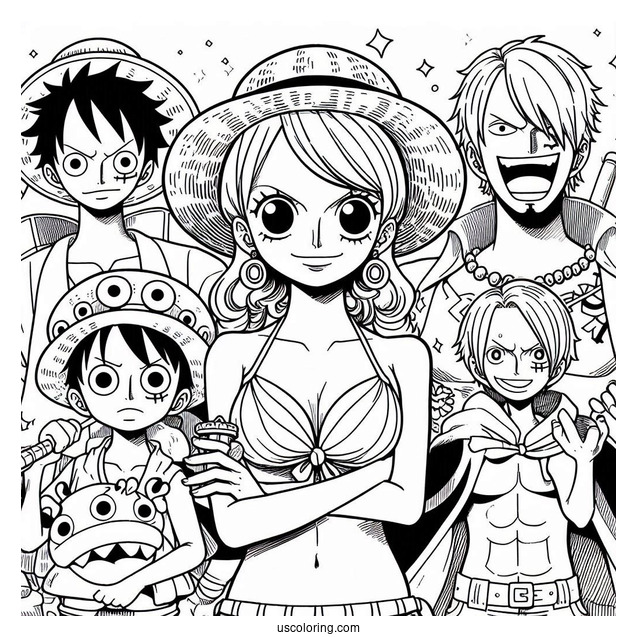 One Piece Coloring Page Of Luffy, Zoro, Sanji, Usopp, And Nami For Kids
