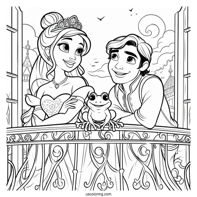Tiana, Ray, And Frog Prince Naveen On Balcony Coloring In