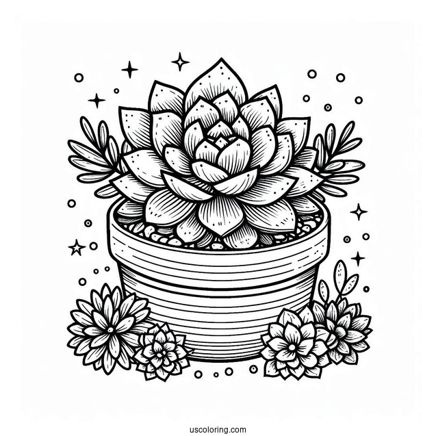 Simple Succulent Coloring Page In A Round Flower Pot For Kids