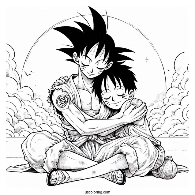 Luffy Coloring Page With His Arms Around Goku