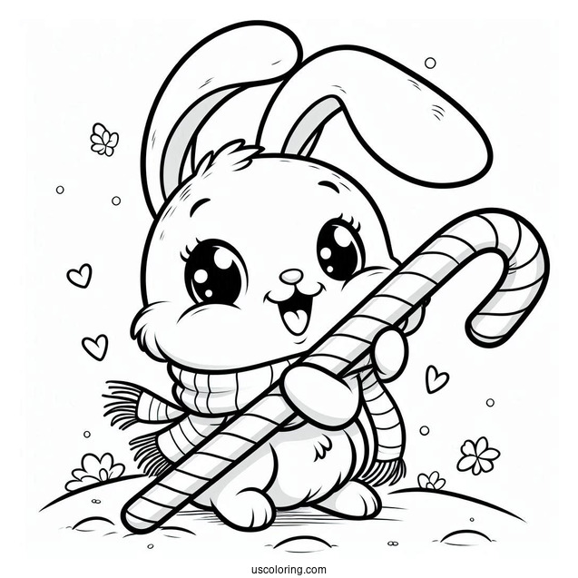Excited Rabbit Hugging A Candy Cane Coloring Page In Winter For Kids