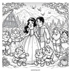 Detailed Snow White Coloring Pages Surrounded By The Dwarves, Prince Charming, And The Evil Queen