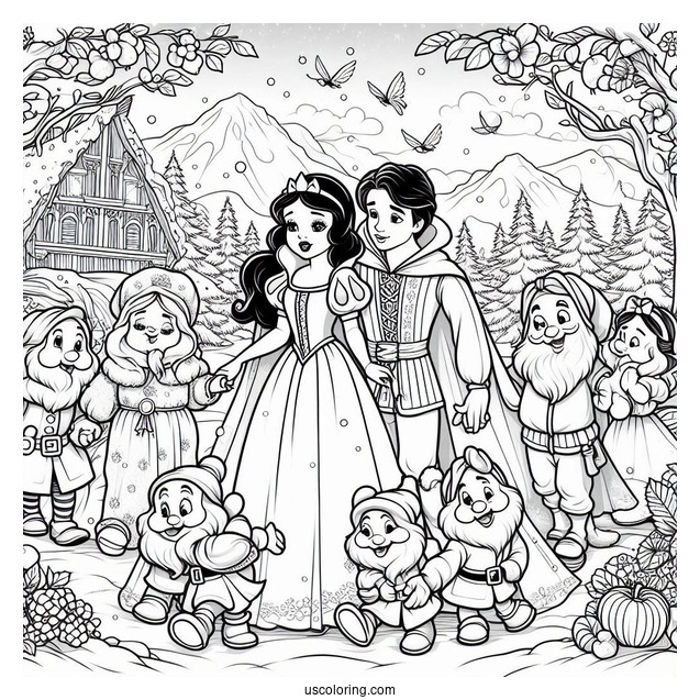Detailed Snow White Coloring Pages Surrounded By The Dwarves, Prince Charming, And The Evil Queen