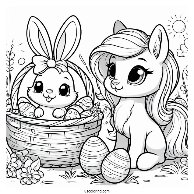 Easter Bunny With A Basket Of Easter Coloring Page Of Eggs Next To A Pony For Kids