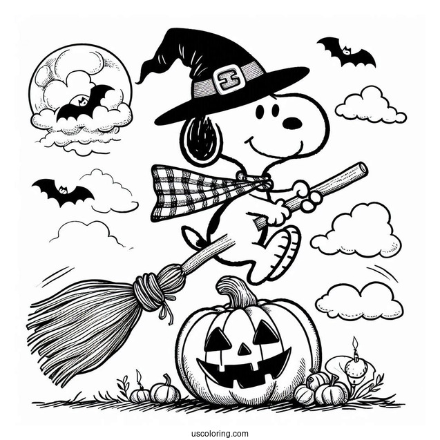Snoopy Flying On Broomstick With Jack O Lantern
