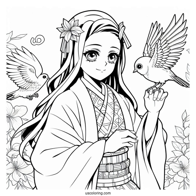 Nezuko Coloring Page And Tanjiro Holding Bird