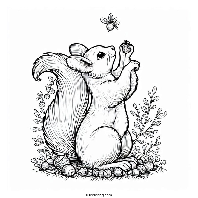 Squirrel Coloring Page Reaching Up For Nuts In Autumn