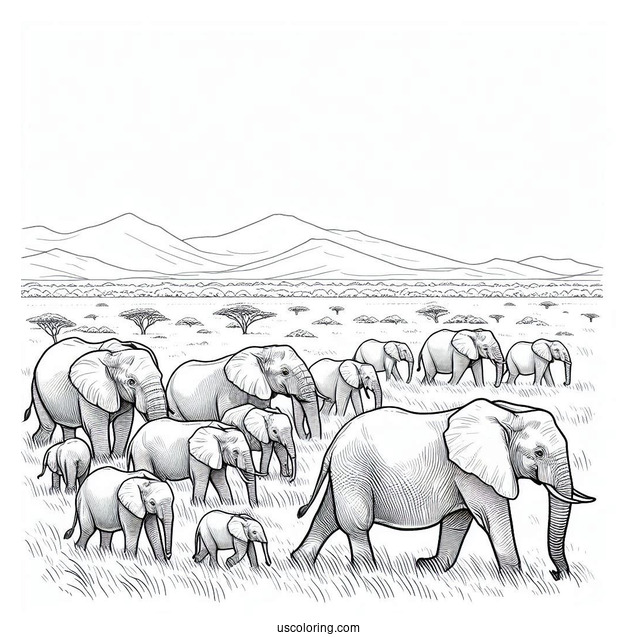 Herd Of Elephants On The Plains Coloring