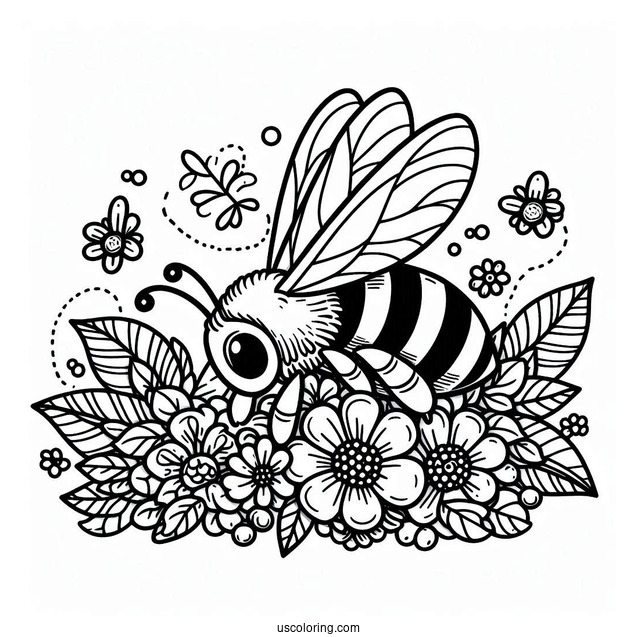 Bee Coloring Page Lying On A Pile Of Flowers And Leaves