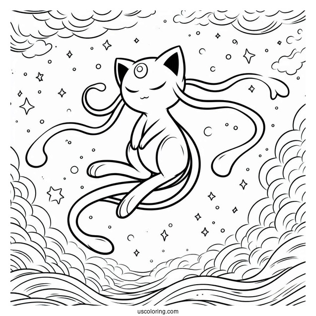 Mew Coloring Page Floating In The Sky With Stars
