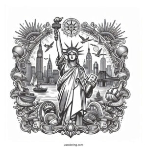 Vintage Statue Of Liberty With New York Coloring Page