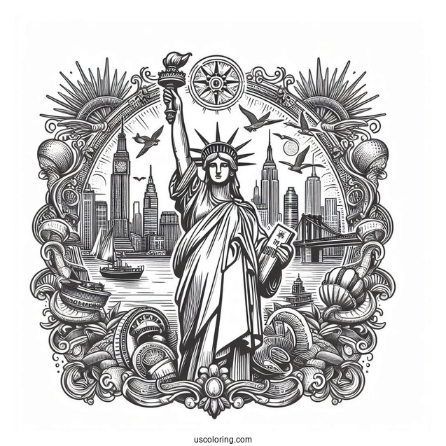 Vintage Statue Of Liberty With New York Coloring Page