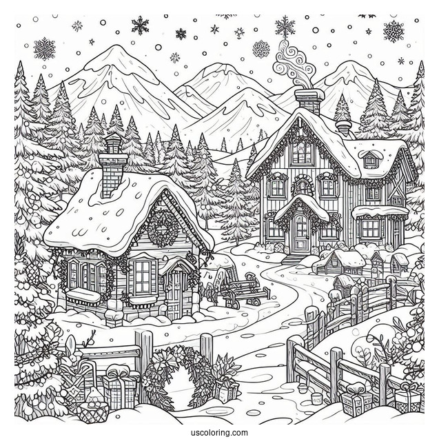 Christmas Coloring Pages For Adults Of Detailed Landscape Of Houses In Christmas Winter Wonderland