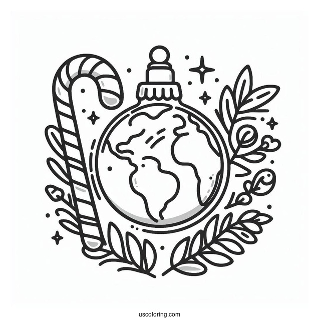Simple Globes And Candy Cane Outline Christmas Ornaments Coloring Page