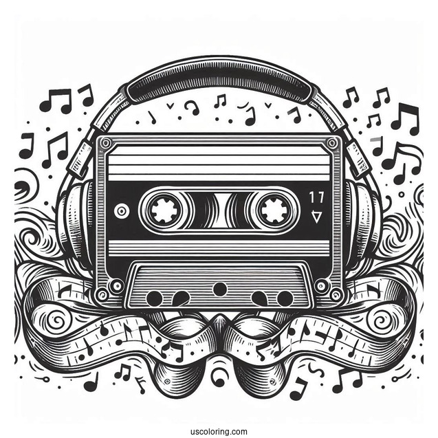 Music Coloring Page Of Retro Cassette Tape With Headphones